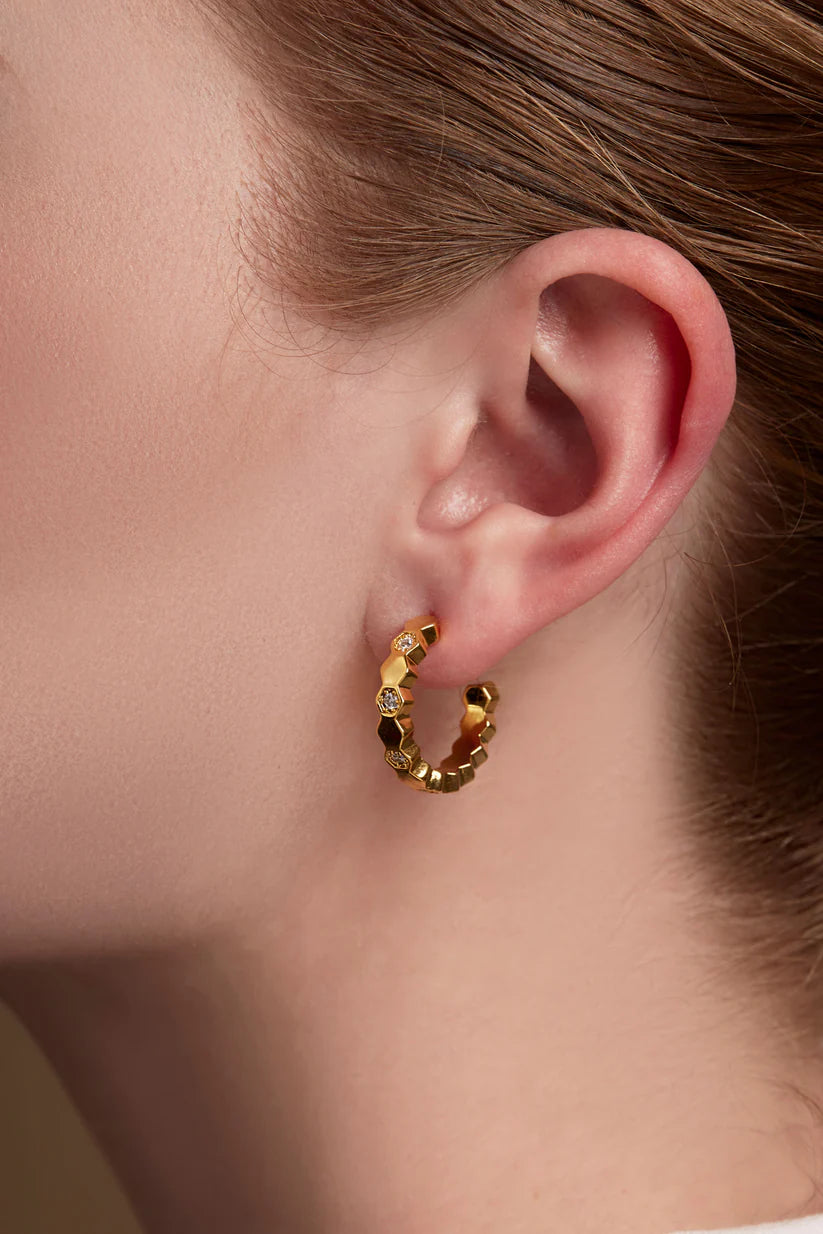 Honeycomb Crystal Hoop Earring Gold