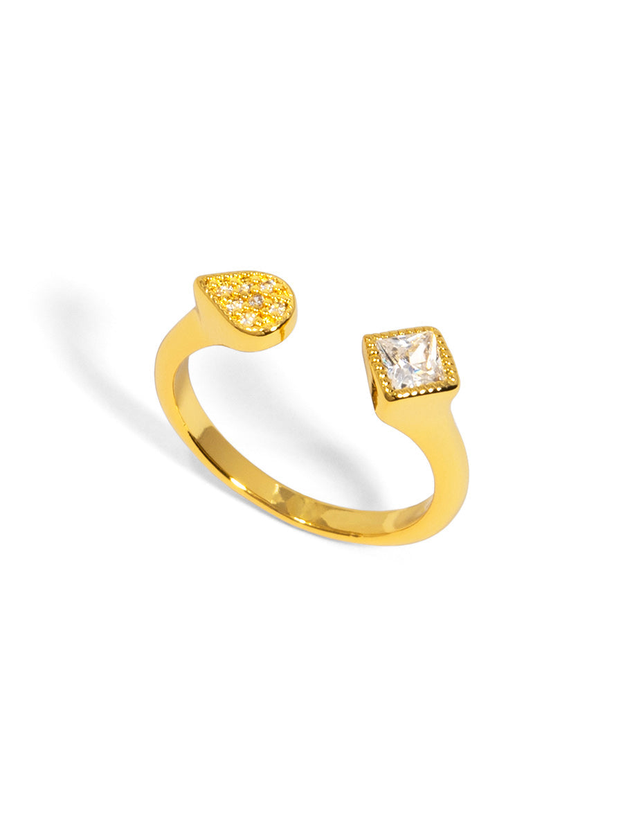 Pavé and Crystal Assymetrical Ring - Gold