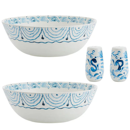 Sicily Blue Set of 2 Serving Bowls with Salt and Pepper Set