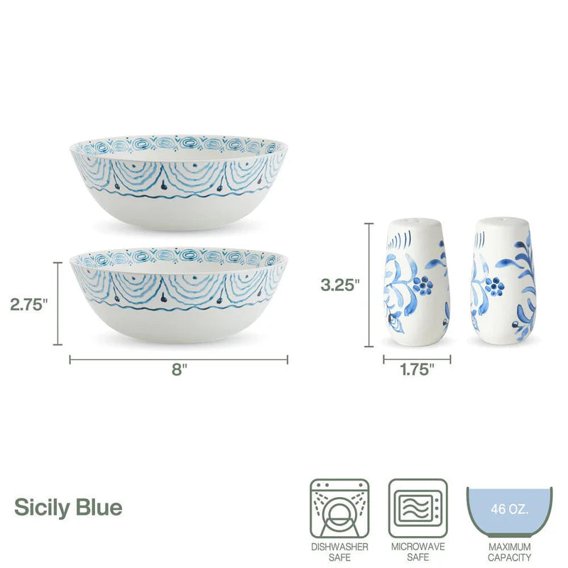Sicily Blue Set of 2 Serving Bowls with Salt and Pepper Set