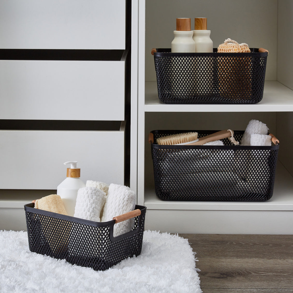 N&T Malla PP Basket with Wooden Handle Black Set of 3