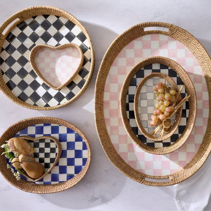 Courtly Check Enamel & Rattan Round Serving Tray