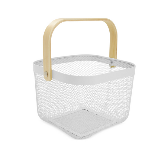 Large Metal Basket with Wooden Handle - White