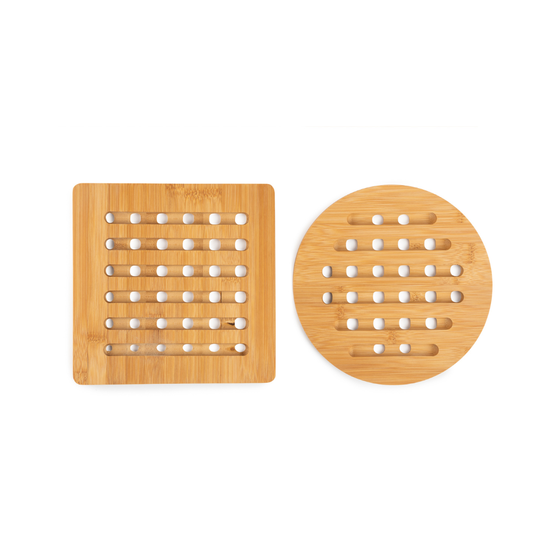 Set of 2 Bamboo Trivets - 1pc Square & 1pc Round