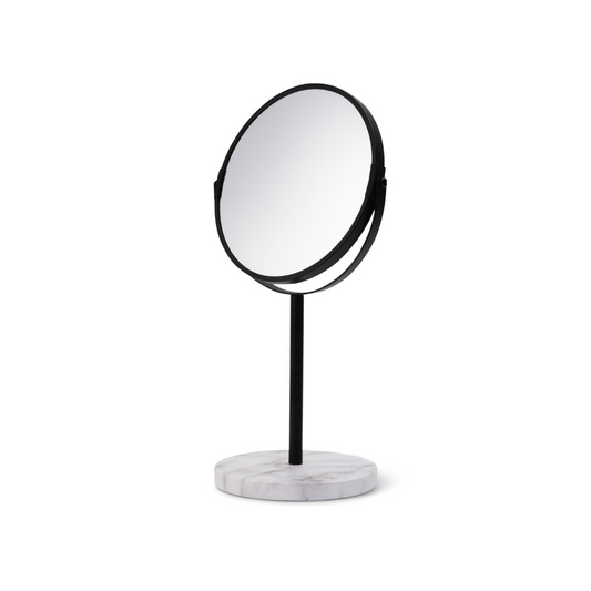 Vanity Mirror Black Metal& Faux White Marble Resin Base 1x & 5x Mag - White