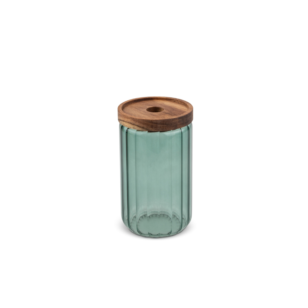 33.8oz Ribbed Glass Canister w/Acacia Lid - Matcha