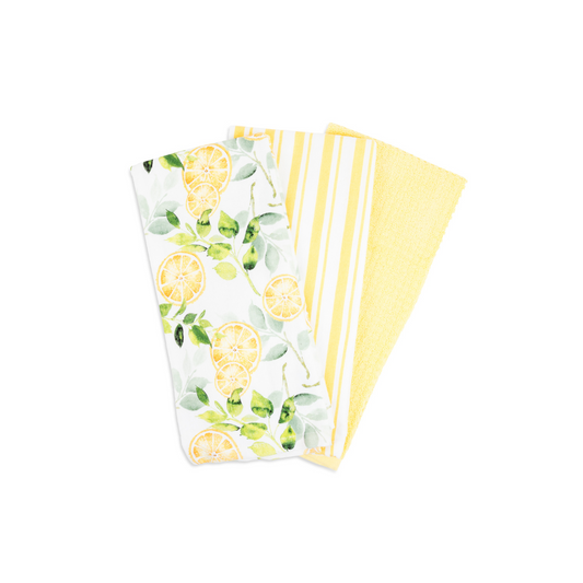 3pk Fouta Towel - 2 Print, 1 Waffle - Citrus Lemons