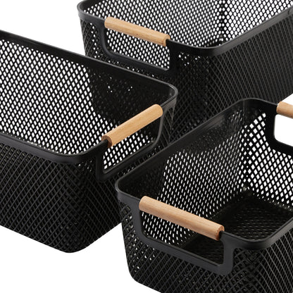 N&T Malla PP Basket with Wooden Handle Black Set of 3