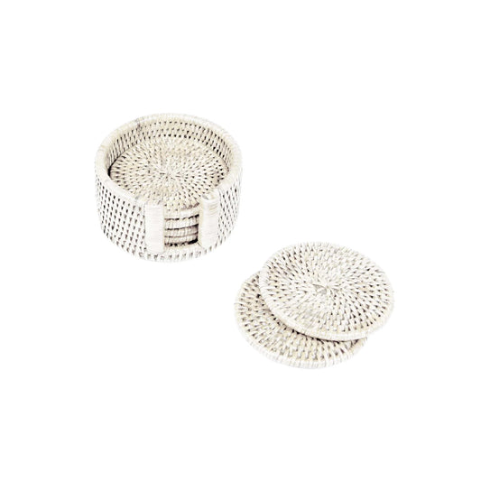 Rattan Round Coaster and Holder Set in Cream - Set of 6 Coasters