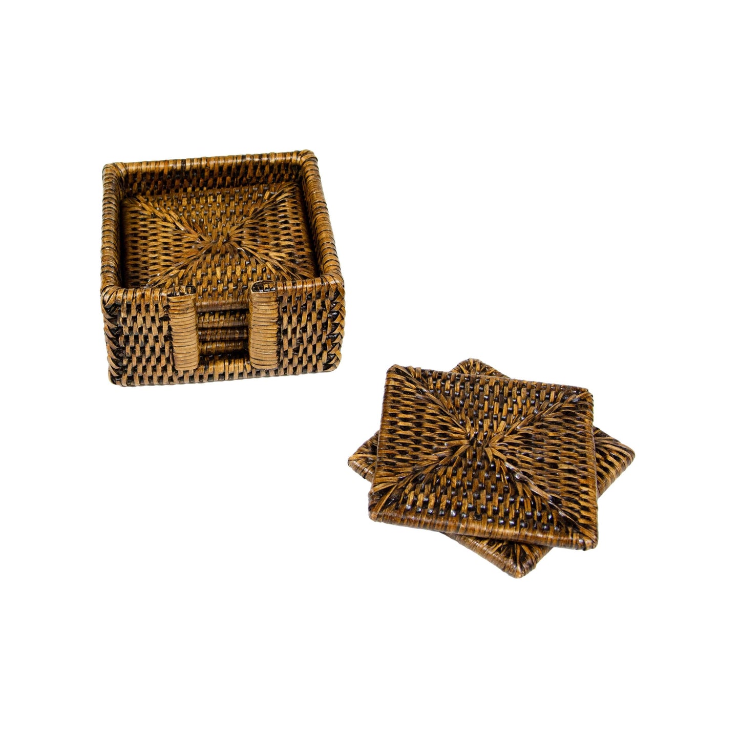 Rattan Square Coaster and Holder Set in Natural - Set of 6 Coasters and 1 Napkin Holder