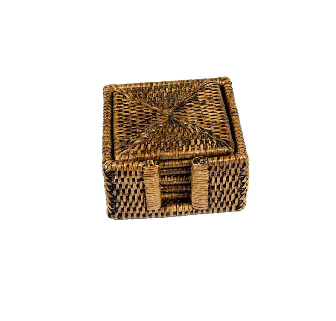 Rattan Square Coaster and Holder Set in Natural - Set of 6 Coasters and 1 Napkin Holder