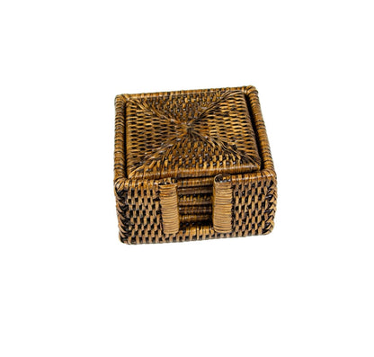 Rattan Square Coaster and Holder Set in Natural - Set of 6 Coasters and 1 Napkin Holder