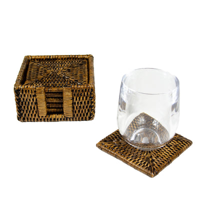 Rattan Square Coaster and Holder Set in Natural - Set of 6 Coasters and 1 Napkin Holder