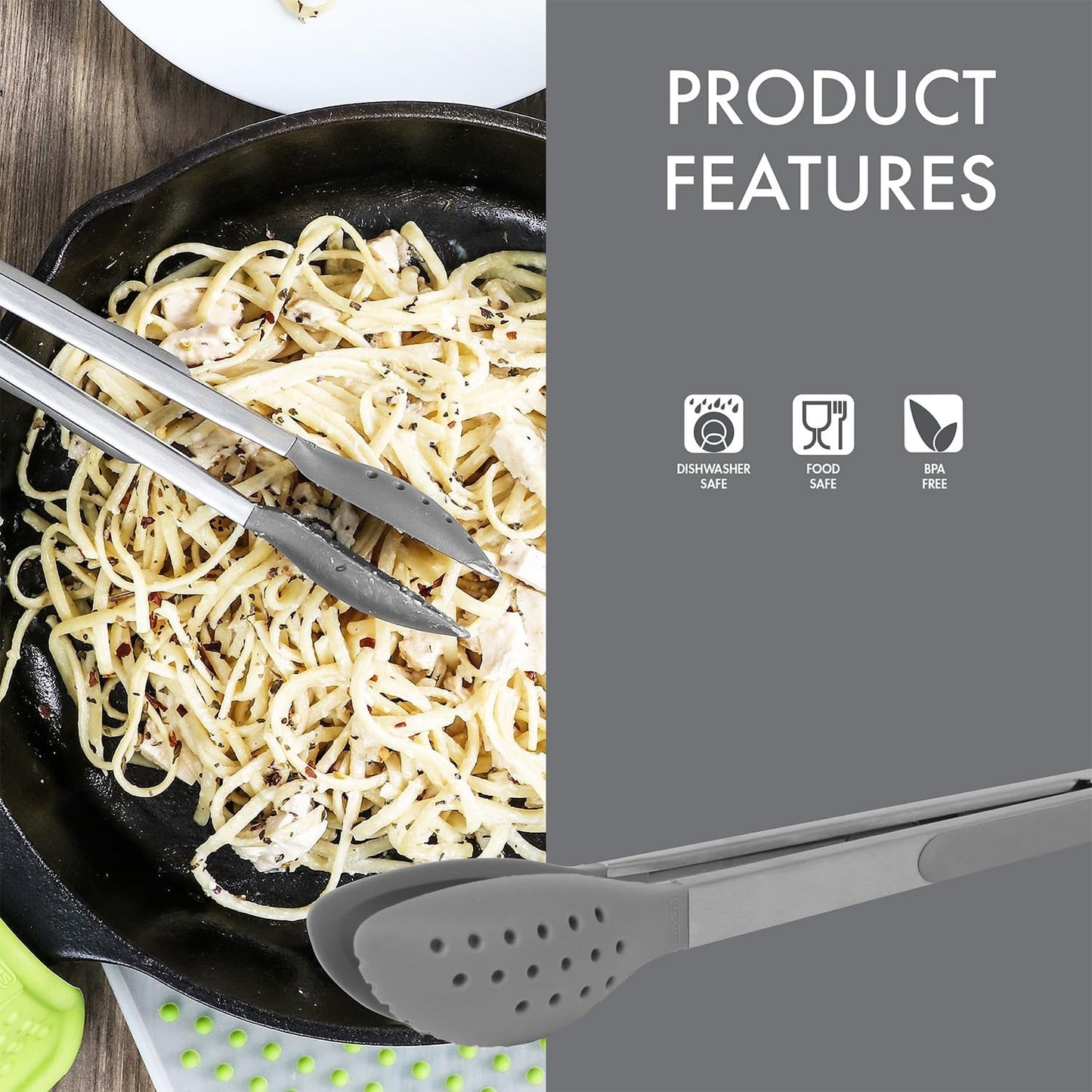 Salad Tongs 12" Stainless W/Gray Silicone