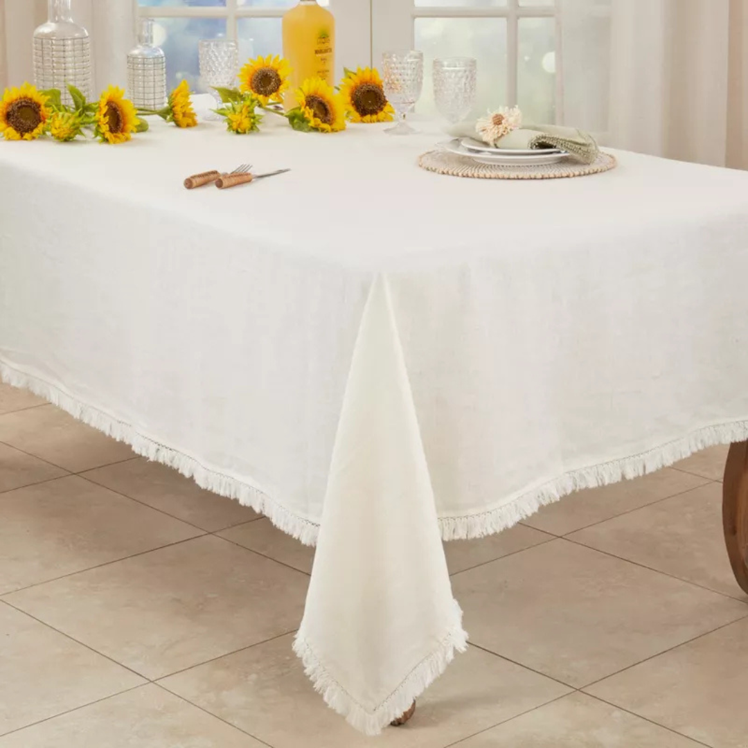 Stonewashed Fringe Tablecloth Ivory 59"x120"