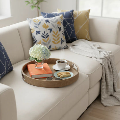 Round Vegan Leather Tray with Chrome Handles