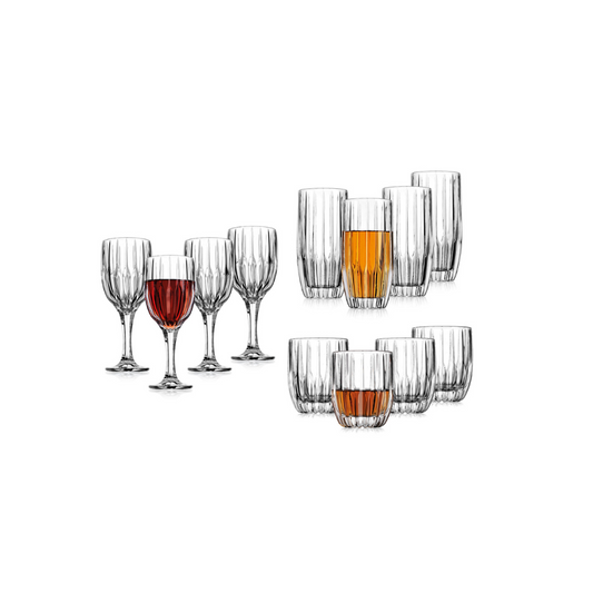 Pleat Double Old Fashion, Highball & Goblet Glassware, Set of 12